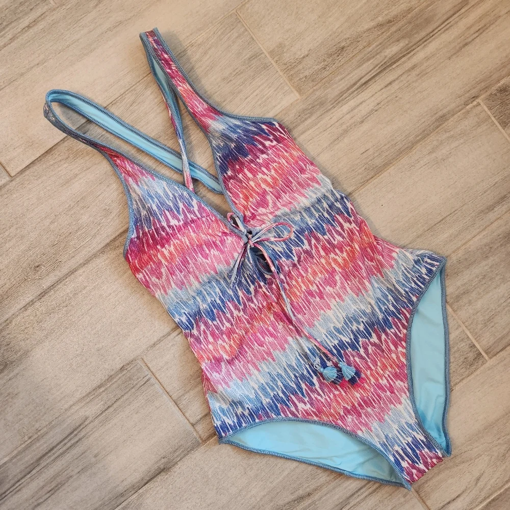 Becca swimsuit L blue pink glitter one piece Joshua Tree plunge deepV new $160